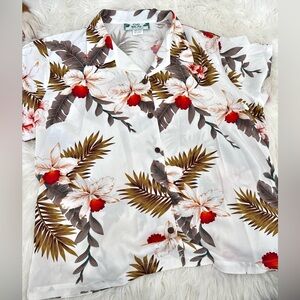 Tropical Floral Button-Down Shirt in White and Brown